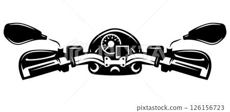 Stylized black and white motorcycle handlebar with speedometer and mirrors Stylized black and white motorcycle handlebar with speedometer and mirrors 126156723