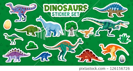 Prehistoric dinosaurs stickers with Jurassic lizards and funny dino characters, cartoon vector icons. Jurassic era dinosaurs and dino eggs for kids paleontology game or prehistoric lizards toys Prehistoric dinosaurs stickers with Jurassic lizards and funny dino characters, cartoon vector icons. Jurassic era dinosaurs and dino eggs for kids paleontology game or prehistoric lizards toys 126156726