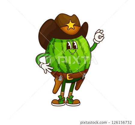 Cartoon groovy watermelon sheriff or cowboy ranger and bandit, vector character. Funny groovy watermelon in cowboy hat as Wild West sheriff or Western ranger and fruit bandit character with Ok gesture 126156732