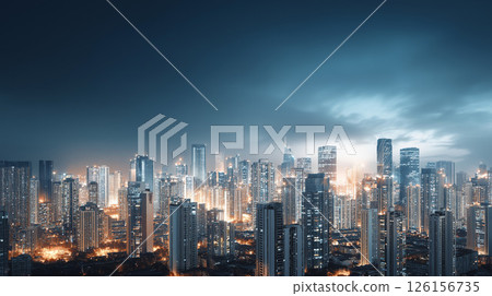 Skyscrapers and shining city lights emerge in the night view 126156735