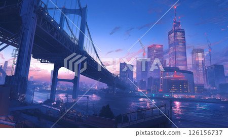 Skyscrapers and shining city lights emerge in the night view 126156737