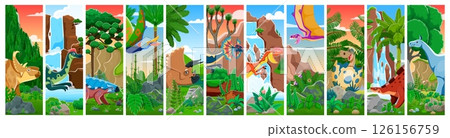 Prehistoric dinosaur characters collage. Paleontology animals vector banner or collage with pachyrhinosaurus, triceratops, ankylosaurus and quetzalcoatlus, dimorphodon, dilophosaur cartoon personages 126156759