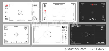 Photo and video camera viewfinder display screen frames set. Vector camera UI digital overlays with focus indicators, recording timers, battery levels, ISO, and zoom icons in white and black colors Photo and video camera viewfinder display screen frames set. Vector camera UI digital overlays with focus indicators, recording timers, battery levels, ISO, and zoom icons in white and black colors 126156776