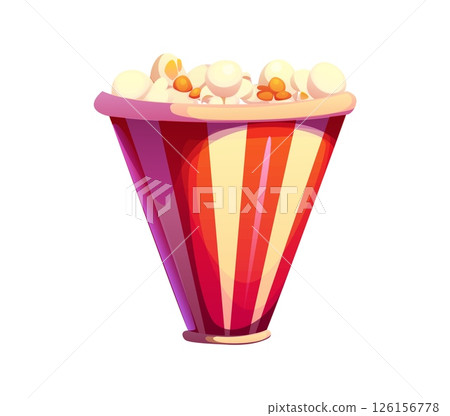 Cartoon circus font letter V stylized as a popcorn bucket with striped pattern in red and white and filled with fluffy white popcorn seeds. Vector retro carnival typeface, entertainment kids type Cartoon circus font letter V stylized as a popcorn bucket with striped pattern in red and white and filled with fluffy white popcorn seeds. Vector retro carnival typeface, entertainment kids type 126156778