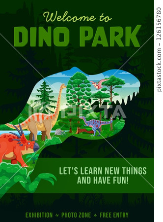 Dino park poster with T Rex silhouette and cartoon dinosaurs in Jurassic forest, cartoon vector. Kids dino amusement park or prehistoric lizard tyrannosaurus museum and reptiles exhibition poster Dino park poster with T Rex silhouette and cartoon dinosaurs in Jurassic forest, cartoon vector. Kids dino amusement park or prehistoric lizard tyrannosaurus museum and reptiles exhibition poster 126156780