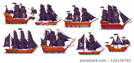 Pirate sail ships and boats, vector game UI assets set. Cartoon pirate corsair sailing ships, old wooden boats, vintage barques, schooners and caravels with skull and crossbones flags, black sails Pirate sail ships and boats, vector game UI assets set. Cartoon pirate corsair sailing ships, old wooden boats, vintage barques, schooners and caravels with skull and crossbones flags, black sails 126156782