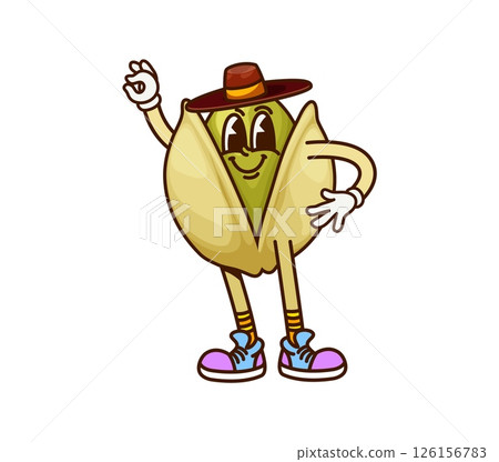 Cartoon groovy pistachio nut and seed cowboy and bandit character wearing retro cowpuncher hat, standing with finger an ok gesture and friendly smile. Isolated vector healthy snack food y2k personage Cartoon groovy pistachio nut and seed cowboy and bandit character wearing retro cowpuncher hat, standing with finger an ok gesture and friendly smile. Isolated vector healthy snack food y2k personage 126156783