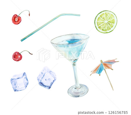 Cocktail set. Glass goblet, ice cubes, lime, umbrella, straw, cherry. Hand drawn watercolor illustration isolated on white. For menu design, bar card, postcards, invitations, banners, posters. 126156785