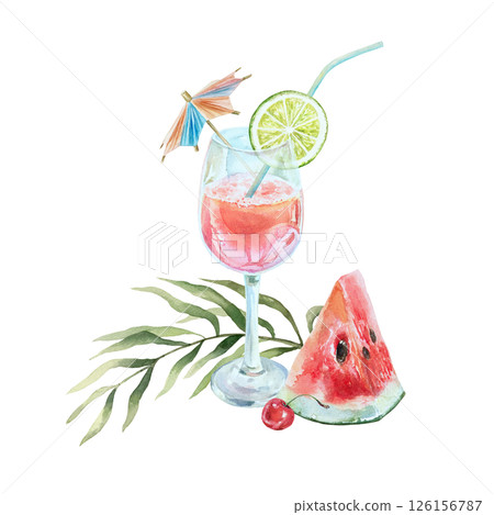 Pink cocktail in glass goblet with lime wedge, straw, watermelon slice, palm leaf. Hand drawn watercolor illustration isolated. Postcards, invitations, summer and tropical banners, posters, bar card. 126156787