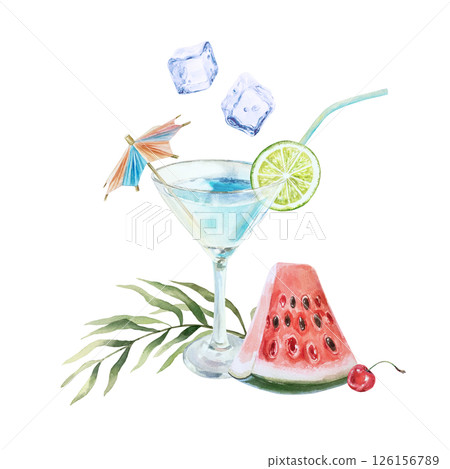 Blue cocktail in glass goblet with straw, ice cubes, lime, watermelon slice, palm leaf. Hand drawn watercolor illustration isolated. For postcards, invitations, menu design, summer banners, posters. 126156789
