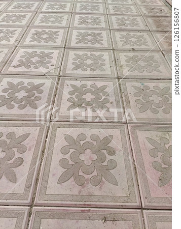 Ornate Square Paving Tiles with Floral Design in Traditional Style with Beige and Pinkish-Tan Tones for Outdoor Walkways 126156807