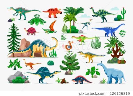 Prehistoric dinosaur characters with jungle forest trees and plants, vector set. Cartoon jurassic dino reptiles, suchomimus, melanorosaurus and raphus. Extinct hypacrosaurus and tapejara dinosaurs 126156819