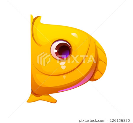 Cartoon underwater font funny fish letter D. Aquatic wildlife animal ABC alphabet letter, ocean life creature isolated vector English typeset element or underwater nature latin font symbol 126156820