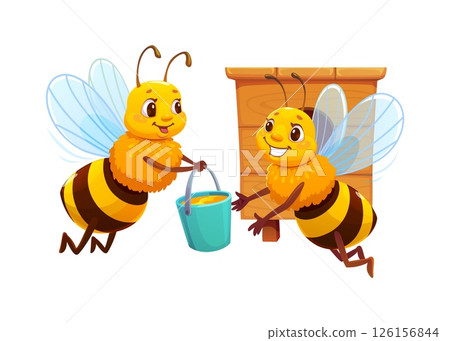 Cartoon honey bee character returning to wooden hive with full bucket. Vector cheerful yellow insect giving a harvest to another honeybee near beehive with smiling face evokes teamwork and apiary life 126156844