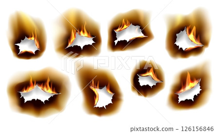 Realistic burn paper holes with fire flames, showcasing brown charred edges and fire burning effects. 3d vector gaps with blazing tongues on sheet. Torn borders and ripped frames isolated layouts 126156846