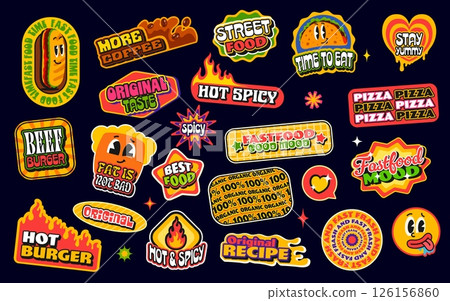 Fast food funky y2k stickers, groovy takeaway meal patch labels. Vector trendy y2k hot dog, taco and coffee badges of fastfood restaurant. Street food meal and drink retro stickers with groovy stars 126156860