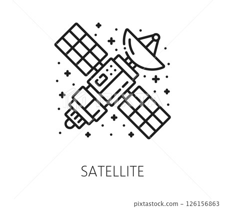 Space artificial satellite and galaxy outerspace thin line icon. Astronomy exploration linear vector icon, galaxy outerspace flight outline sign. Cosmos travel lineart symbol or pictogram 126156863