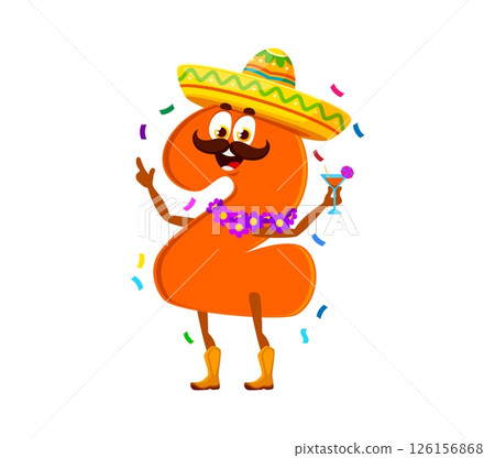 Birthday holiday celebration, cartoon math number and digit two character. Vector orange numeral 2 in sombrero celebrating with cocktail and surrounded by flying confetti, radiating a fun festive vibe 126156868