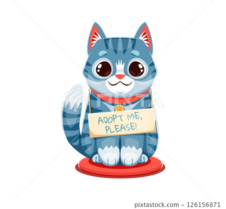 Adopt cat, pets adoption sign, funny kitty kitten with sad muzzle, vector icon. Adopt me please badge with cat kitten with unhappy muzzle face for pets adoption banner or animal shelter poster 126156871