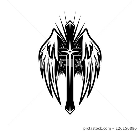 Christianity cross tattoo with angel wings and radiant star in the center. Vector black and white Christianity symbol with gothic tribal ornament. Vector religious sign of faith and spirituality 126156880