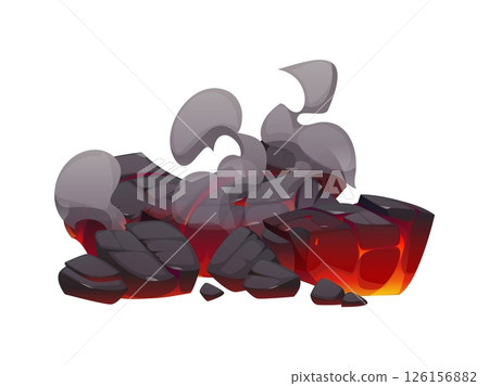 Fire flames on coal, fireplace charcoal, burn ember coal pieces and ash. Cartoon vector glow lava rocks with fiery glow, molten cracks, flames flicker between the stones and thick smoke drifts upward 126156882