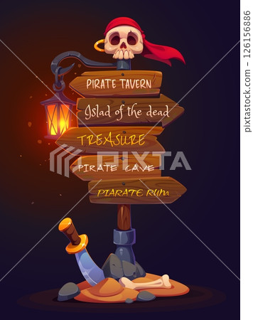 Pirate party sign board, wooden corsair signage with skull wearing bandana and glowing lantern on top. Signboard arrows featuring directions to pirate tavern, island of the dead, treasure, cave or rum 126156886