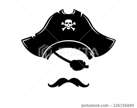 Photo booth mask of pirate captain or sailor with black tricorn hat, mustache and an eye patch. Isolated vector corsair face complete with an eyepatch and cocked hat, swashbuckling skipper costume 126156889