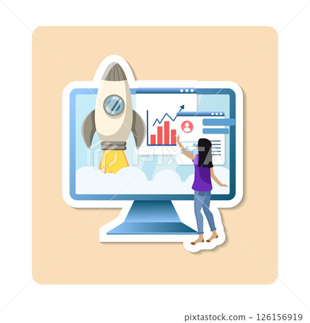Businesswoman managing business growth on computer with rocket launch taking off from screen Businesswoman managing business growth on computer with rocket launch taking off from screen 126156919