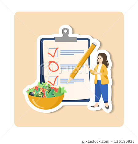Nutritionist creating healthy eating plan with checklist and fresh salad Nutritionist creating healthy eating plan with checklist and fresh salad 126156925
