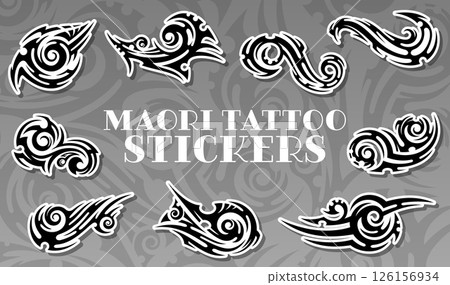 Maori tribal tattoo stickers pack of polynesian geometric pattern. Vector traditional ethnic maori ornaments of abstract black white swirls. Indigenous polynesian people tribal tattoo stickers set 126156934