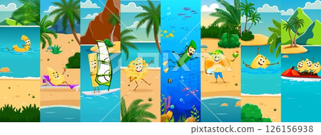 Collage of cartoon italian pasta characters on summer vacation at tropical beach vector background. Funny penne, ravioli, macaroni and bucatini diving, swimming and relaxing with cocktails Collage of cartoon italian pasta characters on summer vacation at tropical beach vector background. Funny penne, ravioli, macaroni and bucatini diving, swimming and relaxing with cocktails 126156938