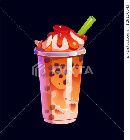Cartoon milk bubble tea glass with creamy topping. Vector sweet beverage with black tapioca pearls and green straw. Asian beverage in transparent takeaway cup with layered texture and whipped cream 126156943