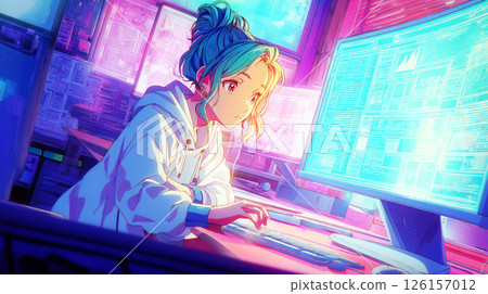 一位身穿連帽衫的女工程師正在看螢幕的插圖 126157012