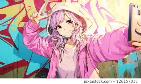 Illustration of a woman making a peace sign taking a selfie 126157013