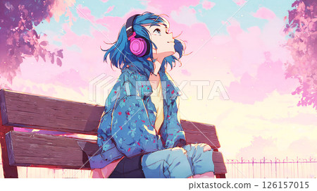 Illustration of a woman looking up at the sky while listening to music through headphones 126157015