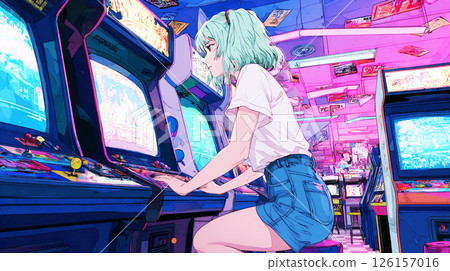 Illustration of an anime-style young woman absorbed in an arcade game 126157016