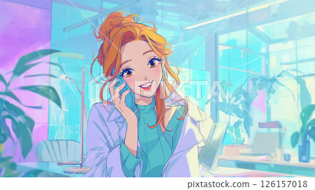 Smiling female character illustration making a phone call in the office 126157018