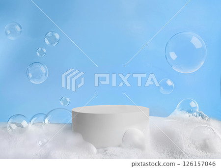 Pedestal on soap bubbles and fluffy foam background 126157046