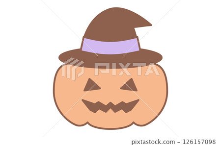 Illustration of a cute Halloween pumpkin wearing a witch's hat 126157098