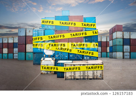 Cargo shipping containers in the port symbolize trade with caution tape of tariffs. Concept of the United States of America versus China trade war disputes or economic conflict 126157183