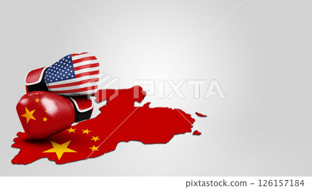 USA or United States of America and China flag painted on two boxing gloves with China map on white background. Concept of United States of America versus China trade war disputes or economic conflict 126157184