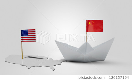Paper boat with the China flag and the USA flag on the map with a white background. Concept of the United States of America versus China trade war disputes or economic conflict 126157194