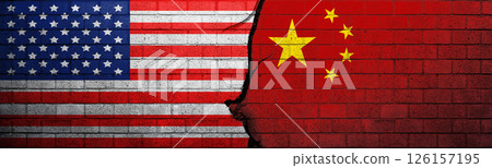 Flags of the USA or the United States of America and China on the cracked wall background. Concept of the United States of America versus China trade war disputes or economic conflict 126157195