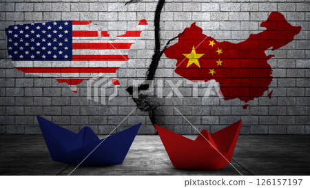 Blue and red paper boats with flags of the USA and China on the cracked wall background. Concept of the United States of America versus China trade war disputes or economic conflict Blue and red paper boats with flags of the USA and China on the cracked wall background. Concept of the United States of America versus China trade war disputes or economic conflict 126157197