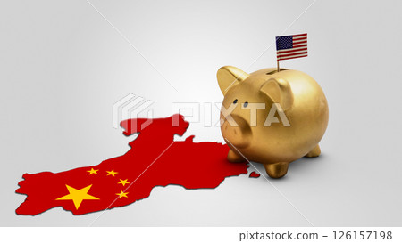 Piggybank with the USA flag on the map of China with a white background. Concept of the United States of America versus China trade war disputes or economic conflict Piggybank with the USA flag on the map of China with a white background. Concept of the United States of America versus China trade war disputes or economic conflict 126157198