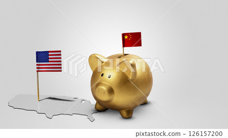 Piggybank with the China flag and USA flag on the map with a white background. Concept of the United States of America versus China trade war disputes or economic conflict Piggybank with the China flag and USA flag on the map with a white background. Concept of the United States of America versus China trade war disputes or economic conflict 126157200