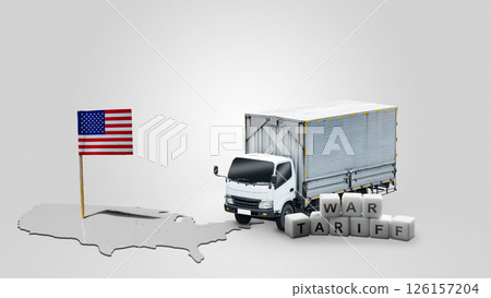 Flags of the USA on the map with a cargo truck and cubes with the text of the war tariff. Concept of the United States of America versus China trade war disputes or economic conflict 126157204