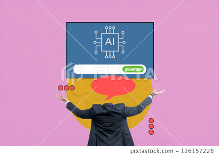 Businessman with speech bubble head showing AI symbol on the screen with a colored background. Concept of AI or Artificial Intelligence. Collage art 126157228
