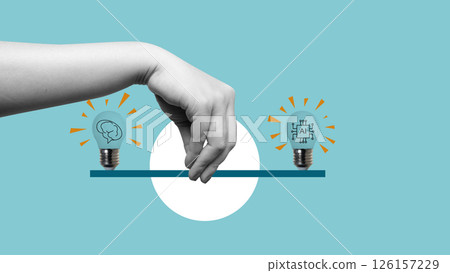 Human hand holding a seesaw of a human brain light bulb and an AI symbol light bulb on a colored background. Concept of AI or Artificial Intelligence. Collage art 126157229