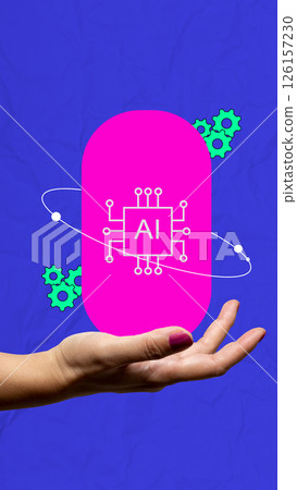 Human hand showing an AI symbol on his hand with a colored background. Concept of AI or Artificial Intelligence. Collage art 126157230